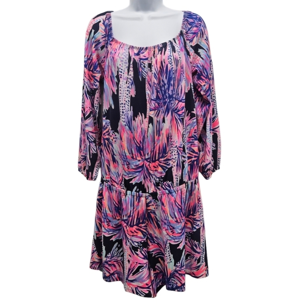 0094 Lilly Pulitzer Floral Palm Tropical Print 3/4 Sleeve Romper Pink Navy Large